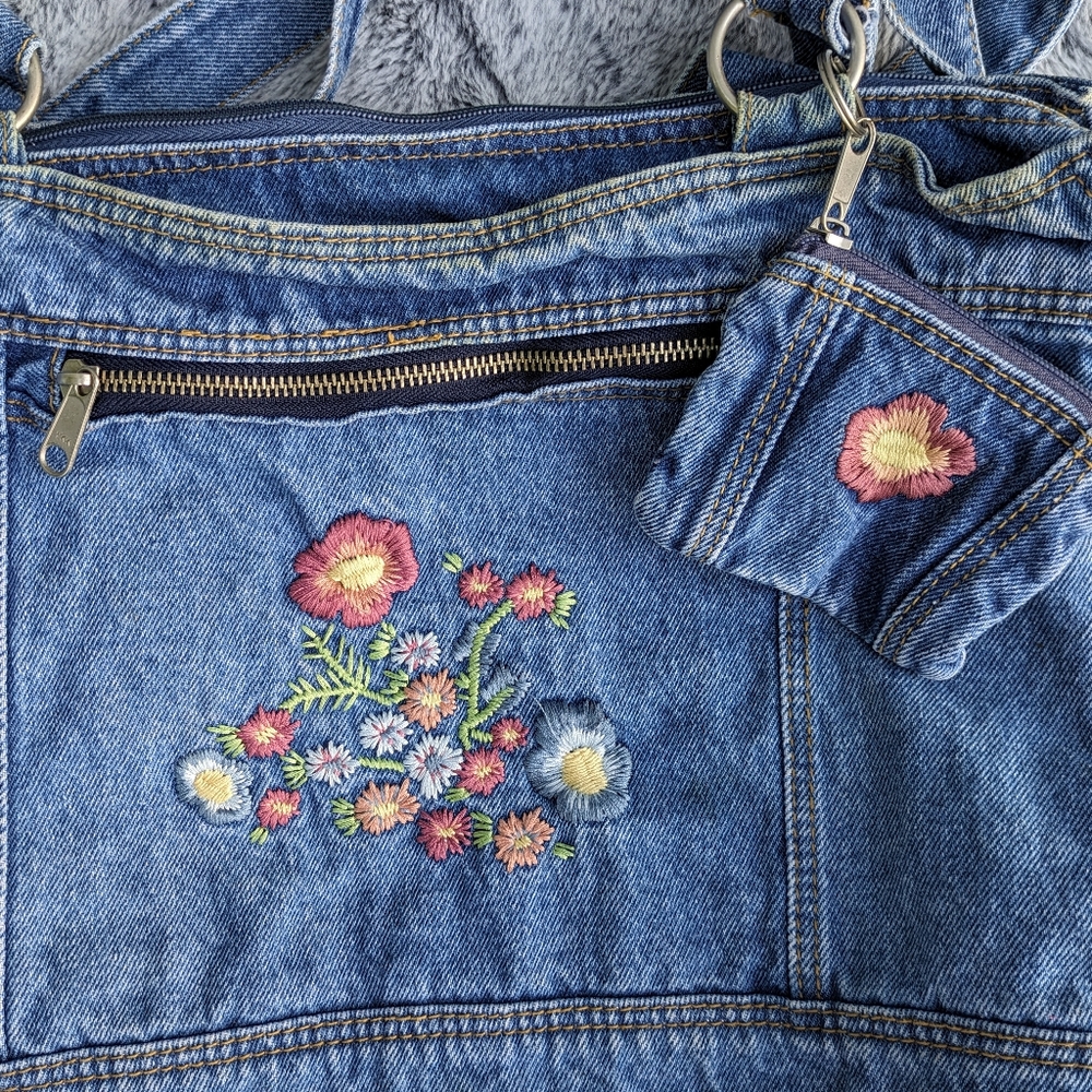 Vintage Floral Embroidered Denim Shoulder Bag with Coin Purse - Picture 5 of 14